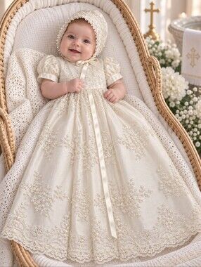 NWOT Vintage Piccolo Bacio Luxury Heirloom Christening Baptism Gown Bonnet 6M